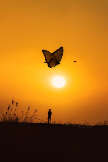 One butterfly stands silhouetted against a yellow sunset ai generative