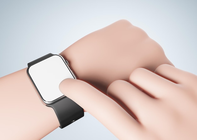 Photo one cartoon hand with black strap smart watch and other hand touch empty mockup screen over gray background 3d render illustration