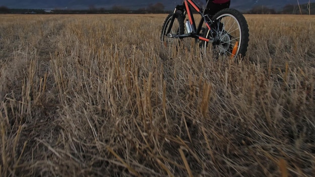 One caucasian children walk with bike in wheat field girl\
walking black orange cycle on background of beautiful snowy\
mountains biker motion ride with backpack and helmet mountain bike\
hard tail