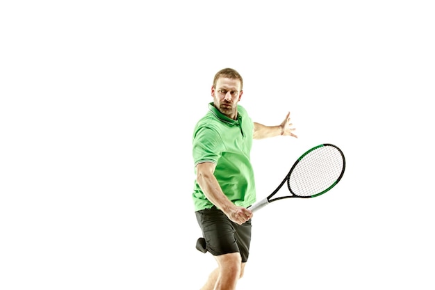 One caucasian man playing tennis player isolated on white background