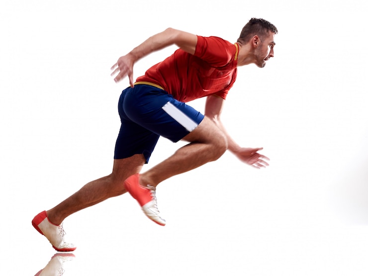 Photo one caucasian man runner jogger running jogging isolated on white  with shadows