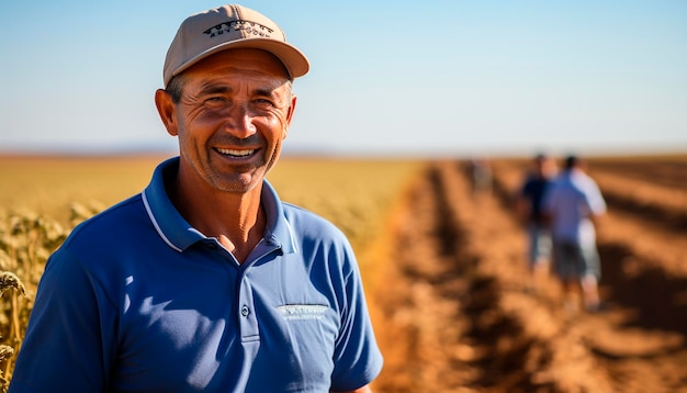 Один веселый мужчина фермер стоит на открытом воздухе улыбается уверенно сгенерированный ИИ