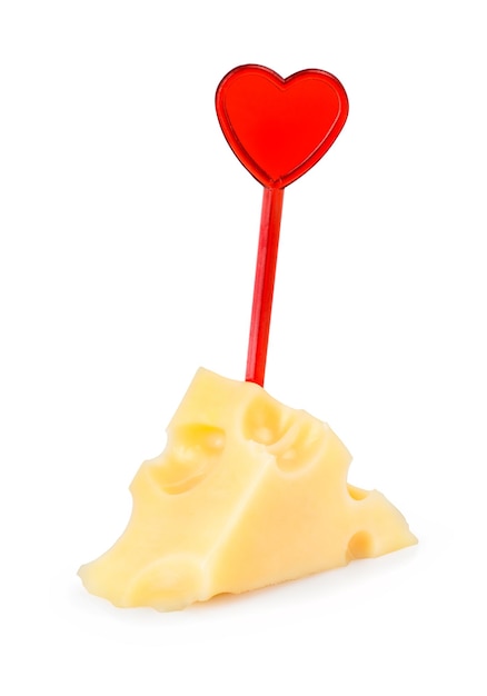 one cheese triangle on cocktail stick in the shape of heart isolated on white background