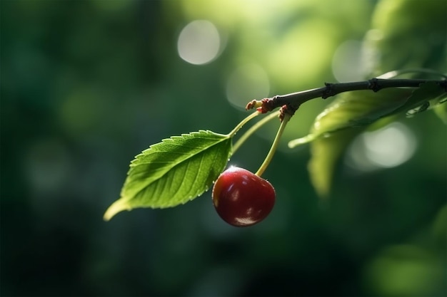 Photo one cherry on a branch with leaves in the sun