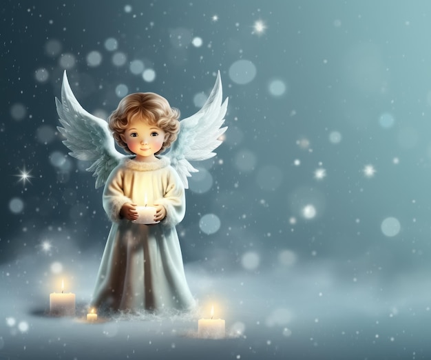 One Christmas angel with white wings and lit candle in his hands on blue snowy background copy space