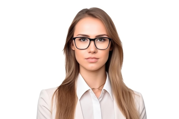 One confident young businesswoman wearing glasses while isolated on white created with generative ai