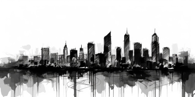 One continuous line drawing black and white sketch loose strokes splotchy freehand city skyline generative ai AIG32