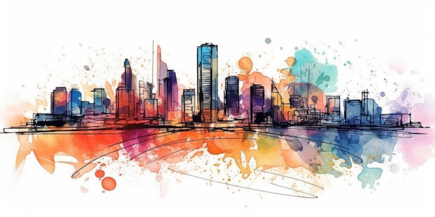 Foto una linea continua che disegna schizzi colorati tratti sciolti chiazzati skyline della città a mano libera bellissimo ai generativo aig32