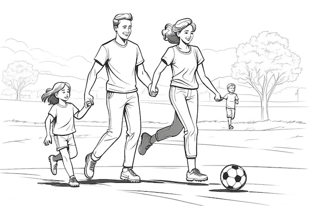 One continuous line drawing of young father playing soccer with son while mother teaching daughter to walk at field