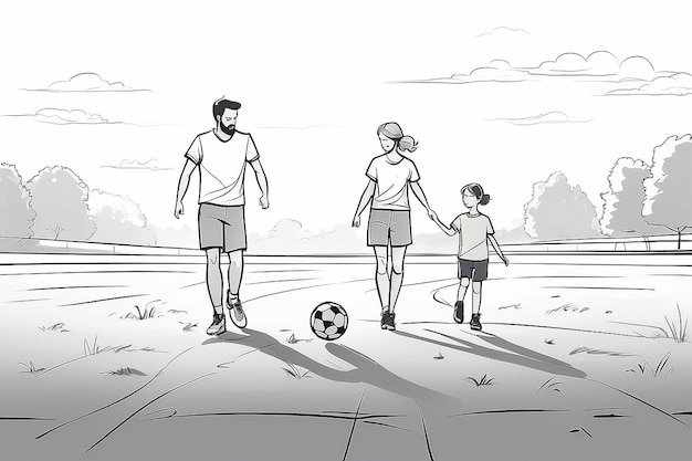 One continuous line drawing of young father playing soccer with son while mother teaching daughter to walk at field