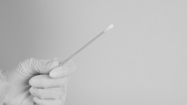 One Cotton stick for swab test in hand with nitrile medical gloves or latex glove on black and white picture close up