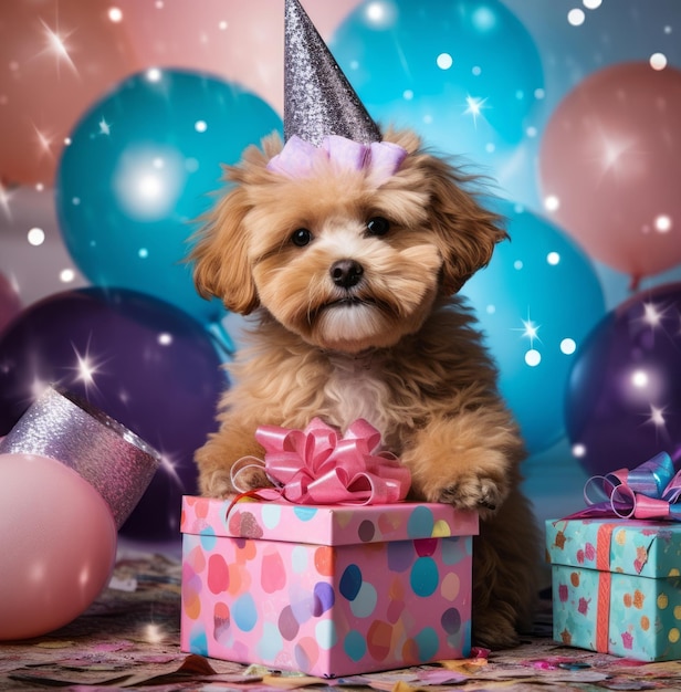 one cute fluffy dog in birthday hat sitting on the gift box