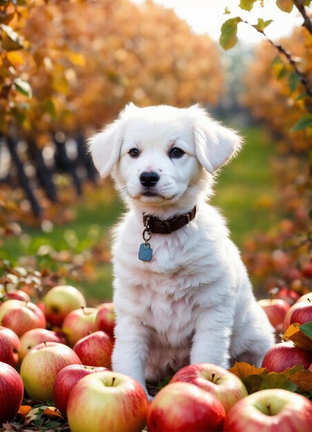 one cute little white puppy is sitting in an apple orchard in autumn realistic photo 16k