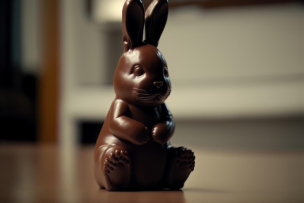 one cute sweet chocolate brown bunny sits on a wooden table Close up Copy space Ai generative