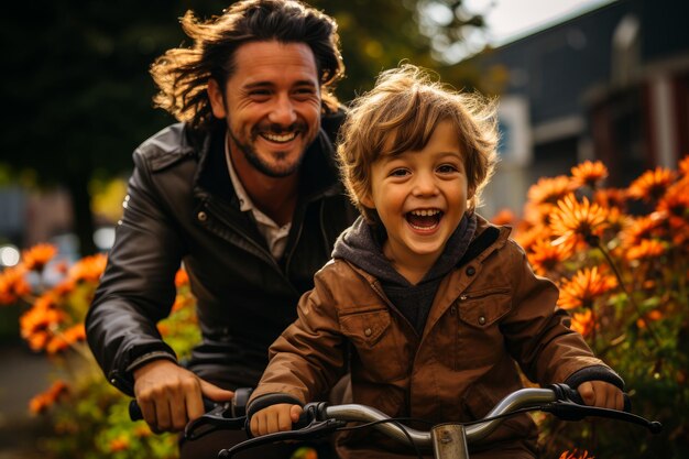 小さな男の子の隣でオートバイの後ろに乗っている男性