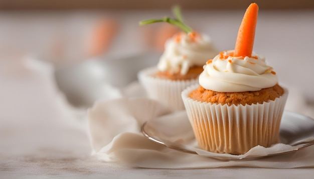 Photo one delicious carrot cup cake in the soft background