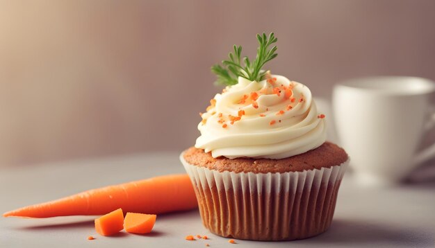 Photo one delicious carrot cup cake in the soft background