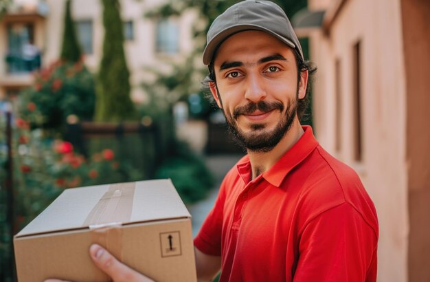 Photo one delivery man in a red shirt holding a box