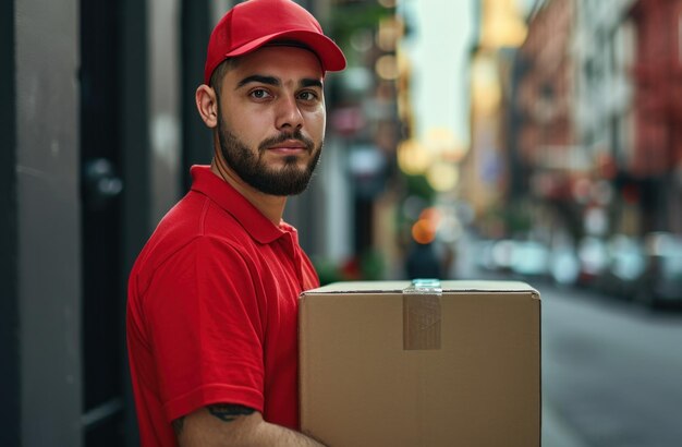 Foto un fattorino con una camicia rossa che tiene una scatola