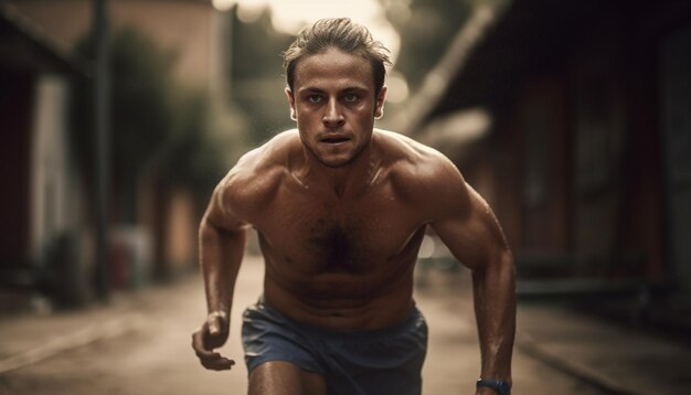 One determined man with a muscular build runs outdoors confidently generated by AI