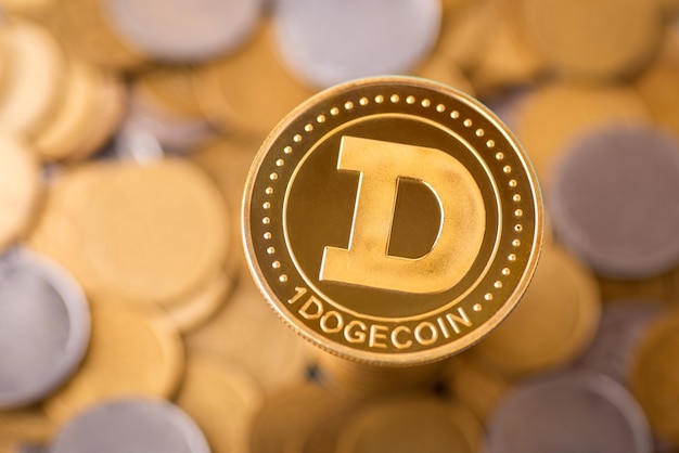 One dogecoin on the background of many golden and silver coins