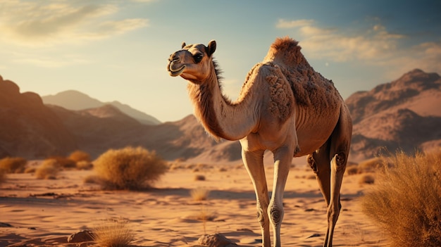 One dromedary camel standing in tranquil wilderness