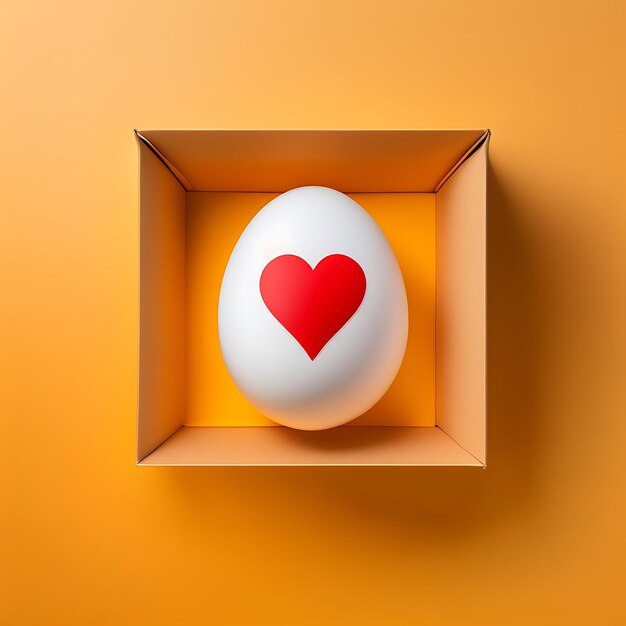 One egg in box carton on yellow background flat lay top view copy space