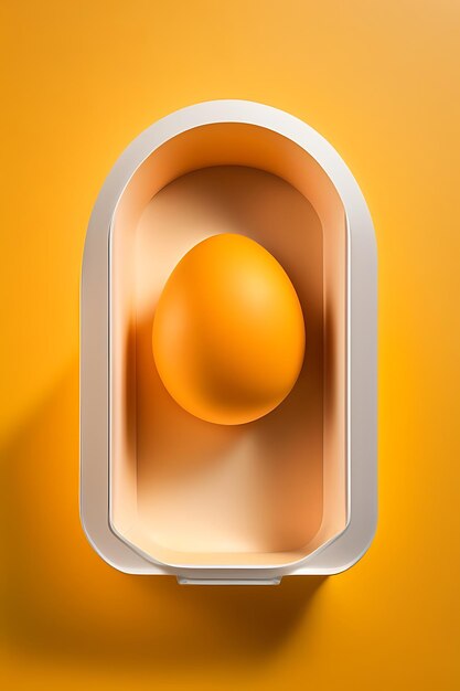 One egg in box carton on yellow background flat lay top view copy space