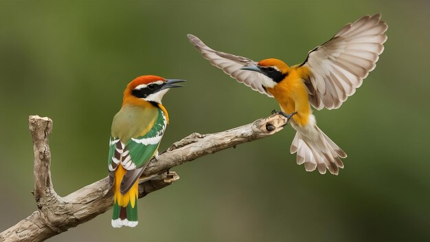 One european bee eater sits on a branch the second hunts for prey