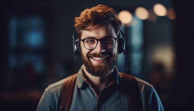 Un uomo alla moda che sorride ascoltando le cuffie generate dall'intelligenza artificiale