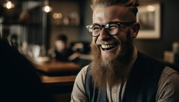 커피에 앉아 인공지능에 의해 생성된 미소를 짓는 한 명의 유행하는 젊은 성인 사업가