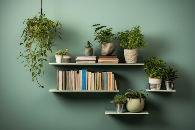 One floating bookshelf with books and a plant for decoration