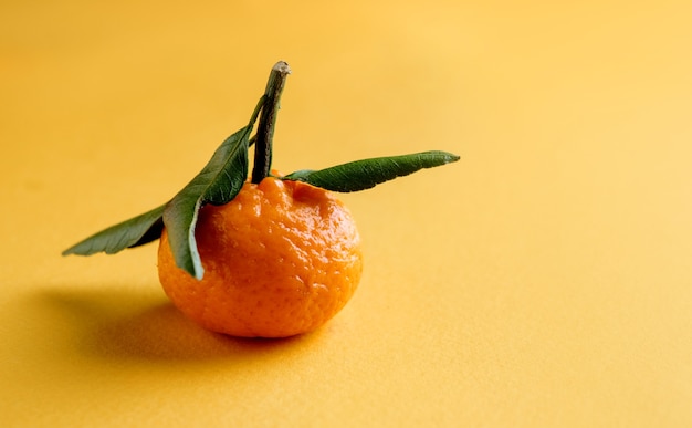 one fresh orange mandarin closeup  with green leaf