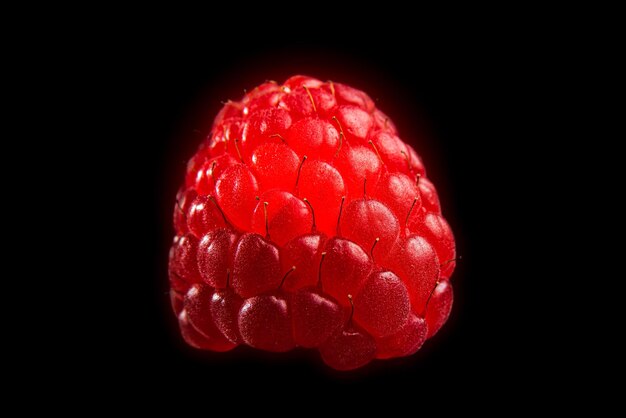 one fresh raspberry closeup on a black background isolated raspberry macro