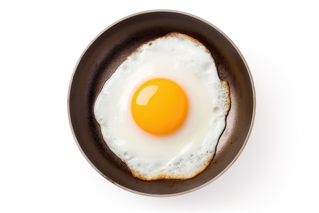 One fried egg in hot pan isolated on white background top view
