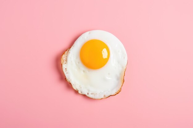 One fried egg isolated on pink background top view