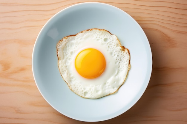 One fried egg on plate isolated on wooden background top view