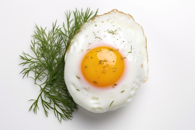 One fried egg with fresh green dill isolated on white background top view