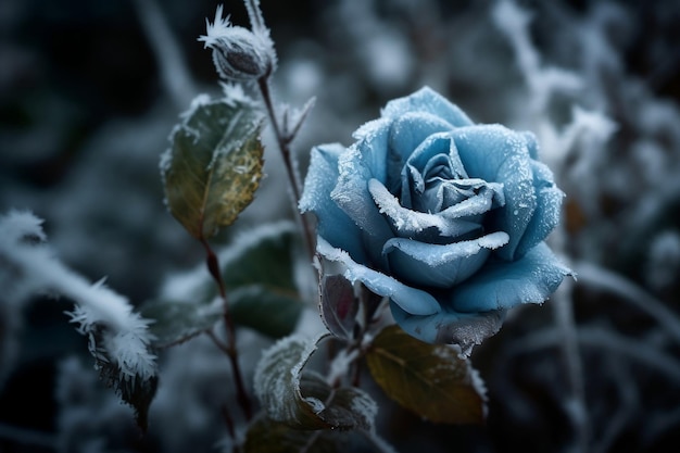 Photo one frozen blue rose hidden in bush with ice crystals generative ai