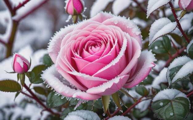 One frozen pink rose hidden in bush