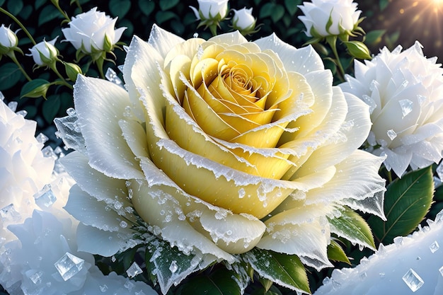 One frozen Yellow rose hidden in bush with ice crystals