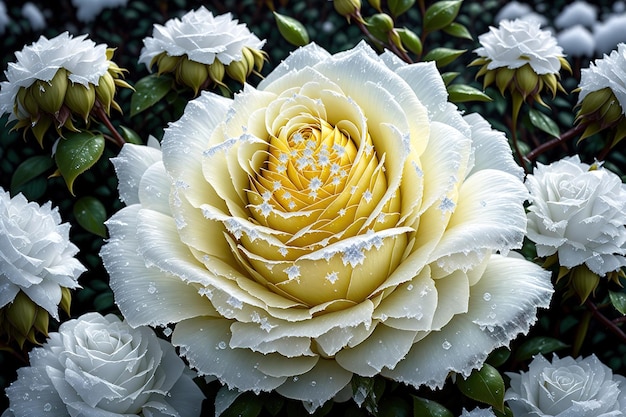 One frozen Yellow rose hidden in bush with ice crystals