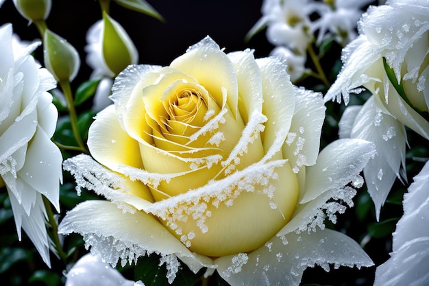 one frozen yellow rose hidden in bush with ice crystals