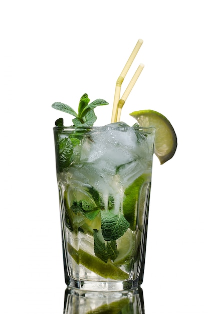 One glass of mojito cocktail on white insulated background studio