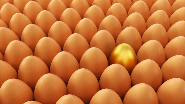 白い背景で隔離されたパックの1つの金の卵白い卵の3Dレンダリングの中で1つの金の卵