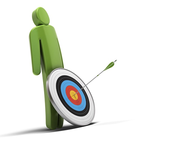 One green character in front of a target with an arrow hitting the bull's eye, white background