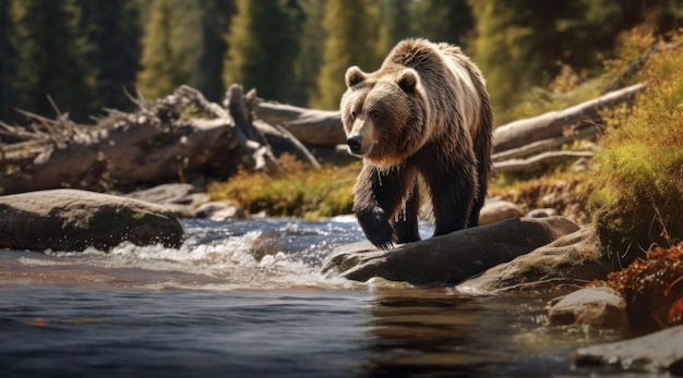 one grizzly bear walks across rocks in a stream