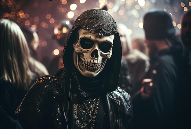 one of a group of people at a party in costumes in the style of skull motifs