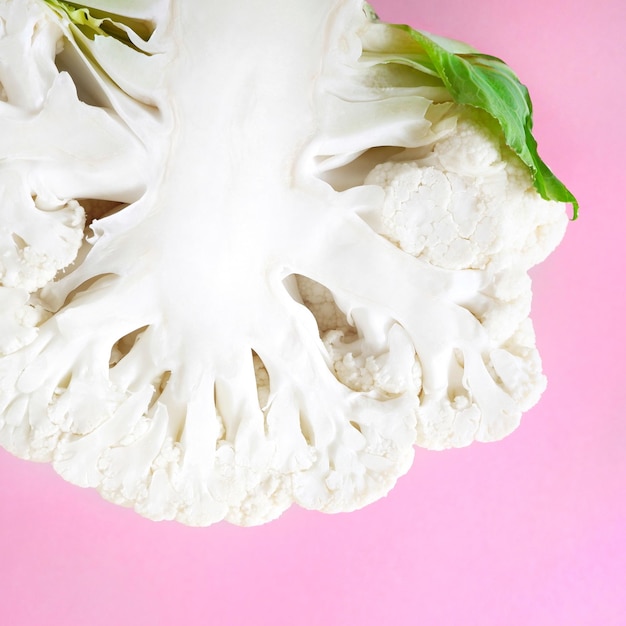 Photo one half head fresh organic cauliflower on a bright pink background