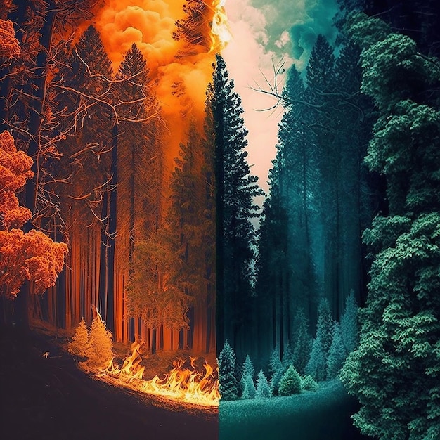 On one hand green trees beautiful forest on other hand fire flames on trees Protect of nature